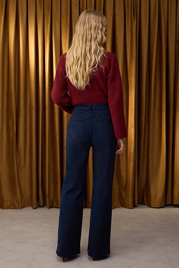 Özel Koleksiyon Lacivert Düğme Detaylı Yüksek Bel Wide Leg Comfort Esnek Rahat Jeans TWOAW26JE00017 - 5