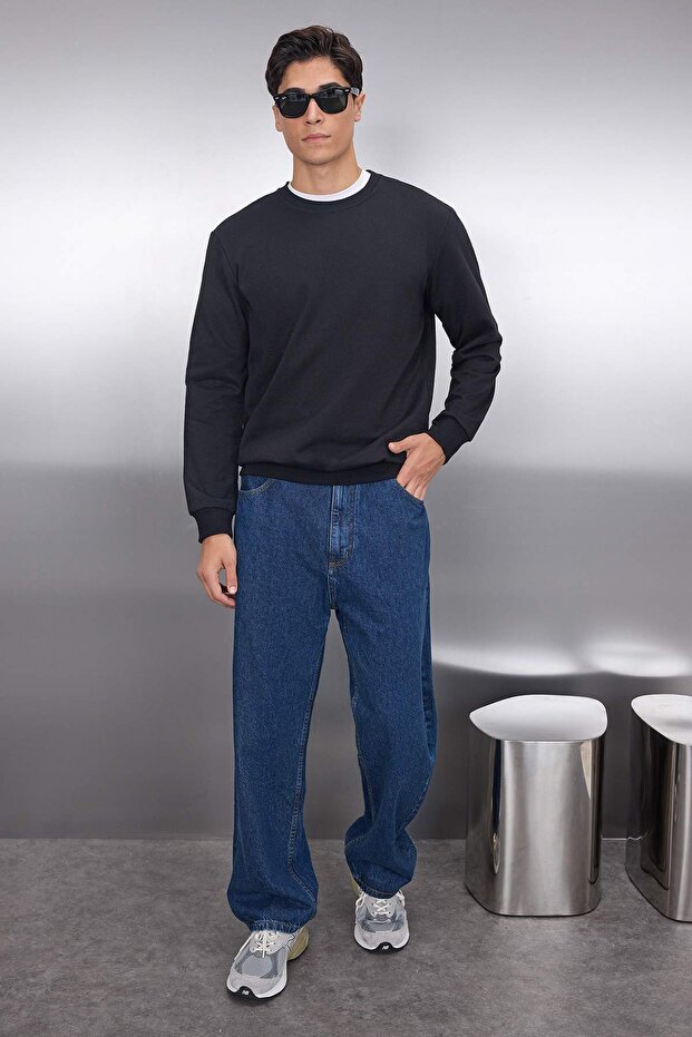 Siyah Regular/Normal Kesim İçi Polar/Sıcak Tutan Sweatshirt TMNAW21SW1208 - 1