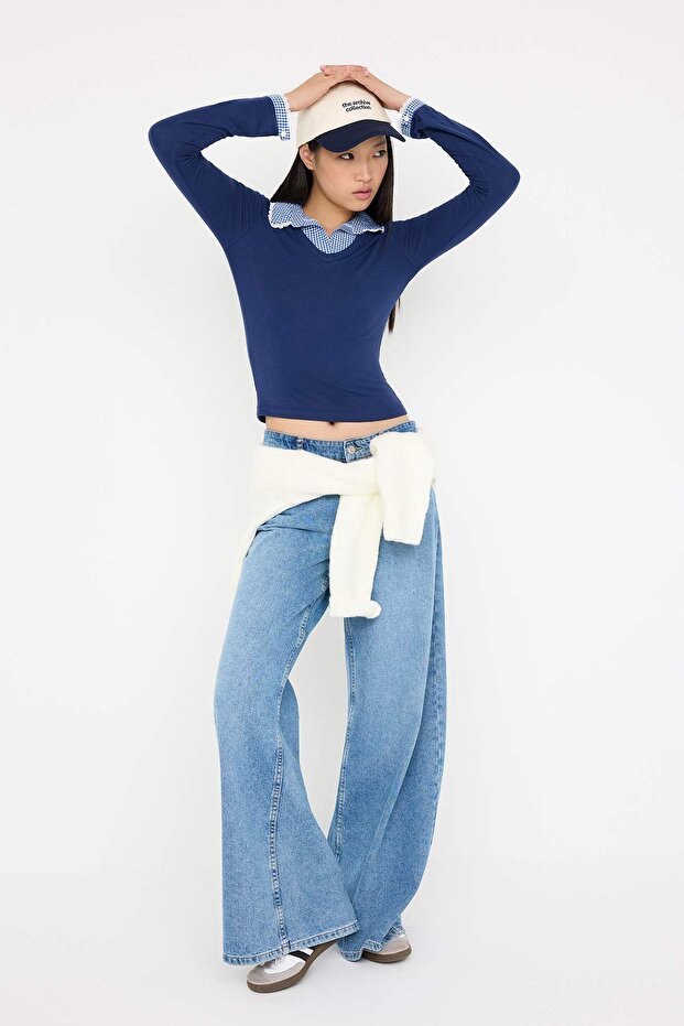 Teen Lacivert Ekose/Kareli Fitted/Vücuda Oturan Dokuma Detaylı Örme Bluz TWOAW26BZ00008 - 2