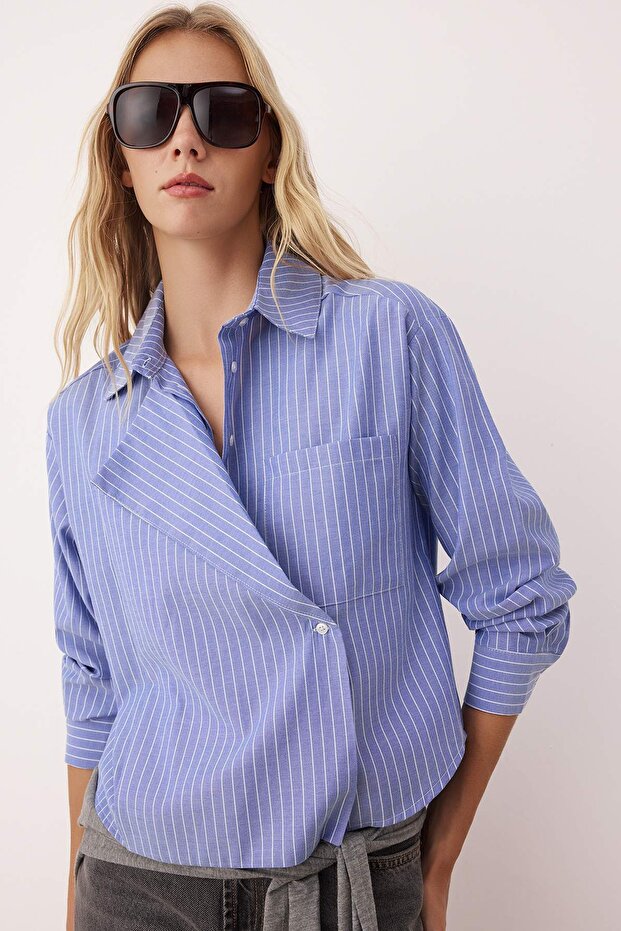 Mavi-Çok Renkli Ceket Yaka Oversize Çizgili Dokuma Gömlek TWOAW26GO00020 - 1