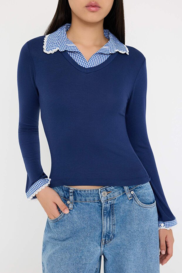 Teen Lacivert Ekose/Kareli Fitted/Vücuda Oturan Dokuma Detaylı Örme Bluz TWOAW26BZ00008 - 3
