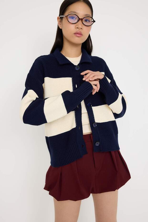 Teen Lacivert Çizgili Polo Yaka Triko Hırka TWOAW26HI00202