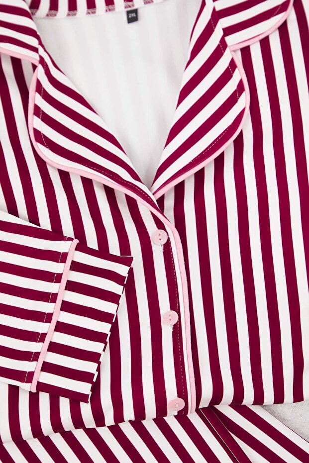 Bordo Çizgi Desenli Biyeli İçi Polarlı Gömlek-Pantolon Örme Pijama Takımı TBBAW25AI00028 - 3
