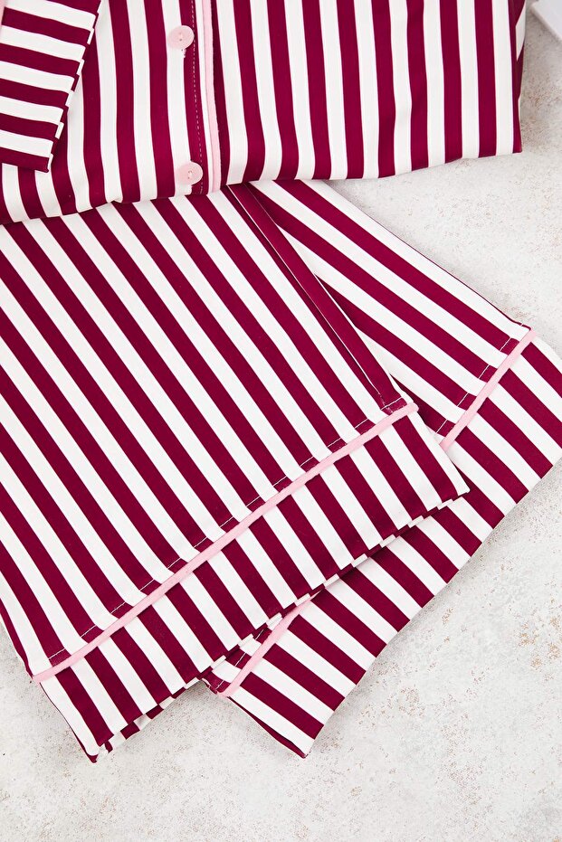 Bordo Çizgi Desenli Biyeli İçi Polarlı Gömlek-Pantolon Örme Pijama Takımı TBBAW25AI00028 - 4
