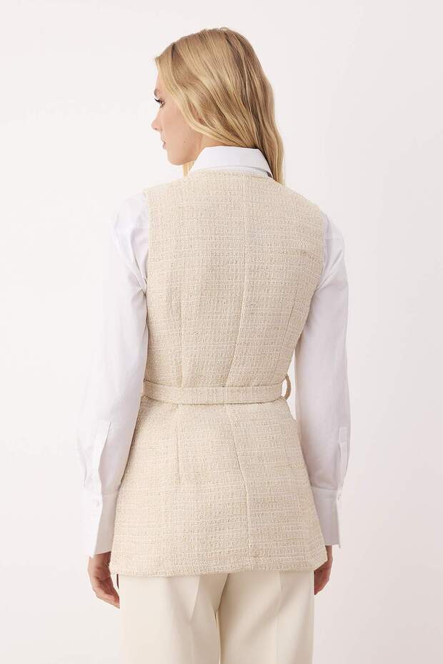 Ecru-farbene, taillierte Tweed-Weste mit Karomuster / Karomuster-Webmuster TCTAW26YL00005 - 4