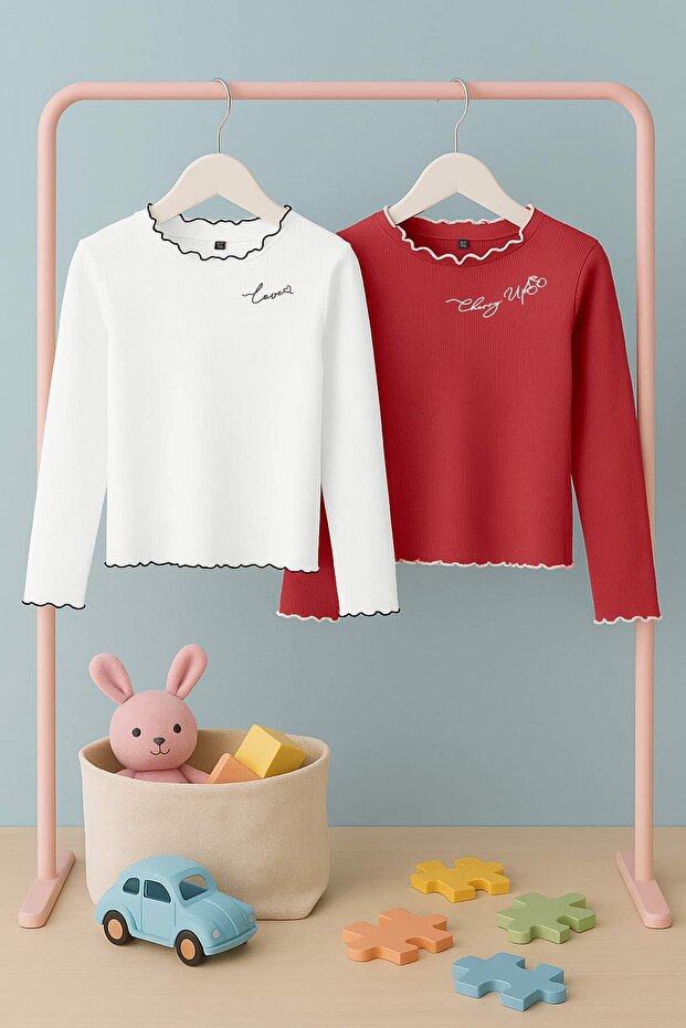 Ekru-Vişne Kırmızı Pamuklu 2'li Nakışlı Regular Fitilli Kız Çocuk Örme T-Shirt TKDAW26TS00011 - 2