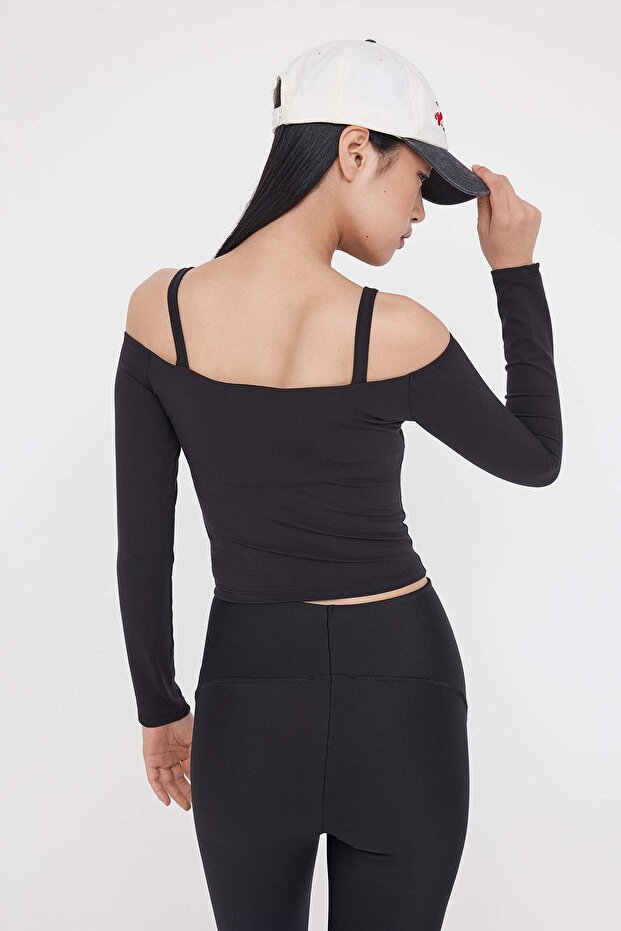 Teen Siyah Soft Fırçalı Kumaş Askı Detaylı İçi Pedli Spor Örme Üst/Bluz THMAW26BZ00003 - 5