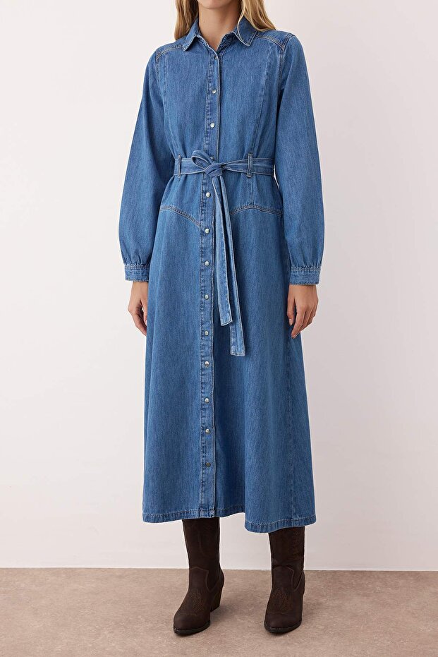 Mavi Kemer Detaylı Maxi Denim Elbise TWOAW26EL00044 - 3