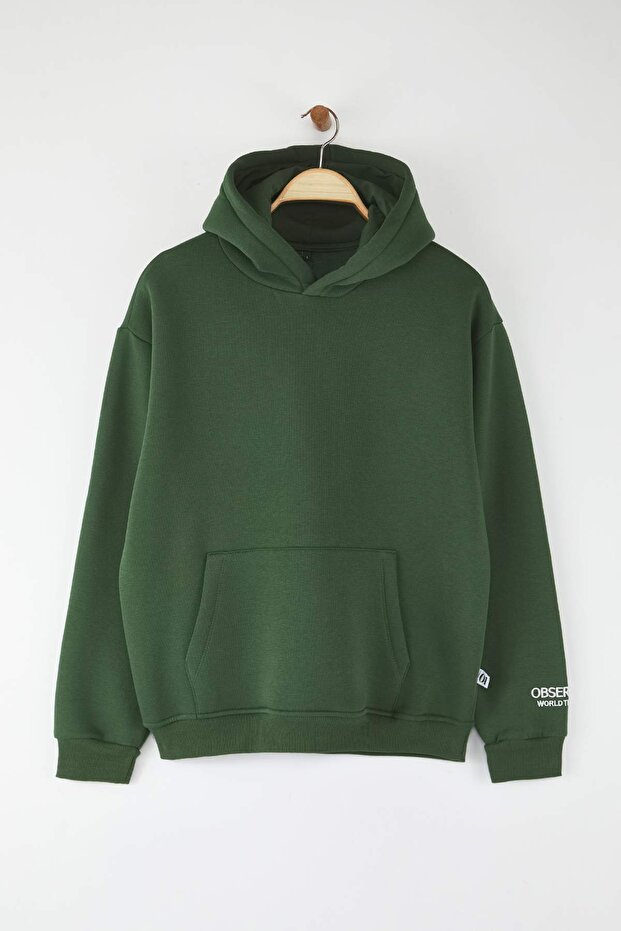 Haki Kapüşonlu Oversize/Geniş Kesim Nakışlı Etiketli Yumuşak Kumaş Sweatshirt TMNAW24SW00031 - 12