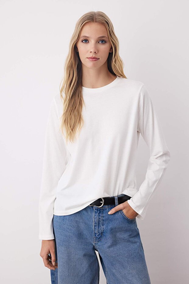 Siyah-Ekru-Kahverengi 3'lü Paket %100 Pamuk Bisiklet Yaka Uzun Kol Oversize/Geniş Kesim Örme T-shirt - 2