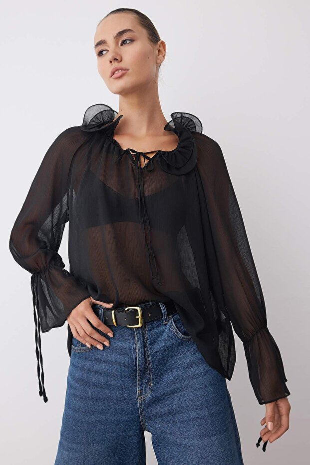 Siyah Astarsız Boyundan Bağlamalı Dokuma Party Boho Bluz TPRAW26BZ00038 - 4