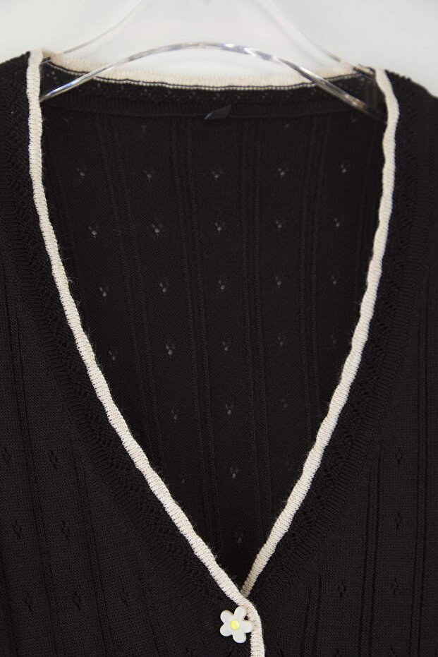 Teen Siyah Ajurlu/Delikli Crop/Kısa Dantel Garnili Detaylı Triko Hırka TWOAW26HI00217 - 8