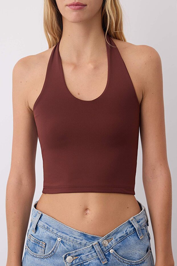 Sarı-Kahverengi Boyundan Geçmeli Vücuda Oturan Crop Esnek Örme Bluz TWOAW26BZ00251 - 6