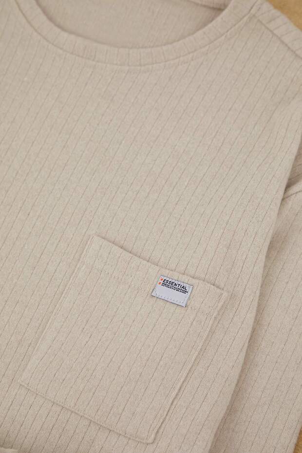 Beige Regular Fit Knitted Pajama Set with Pockets and Label Detail, Soft Button Closure Tmnaw26Pt00000 - 3