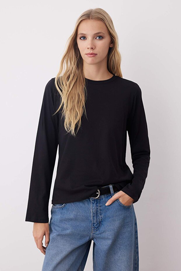 Siyah-Ekru-Kahverengi 3'lü Paket %100 Pamuk Bisiklet Yaka Uzun Kol Oversize/Geniş Kesim Örme T-shirt - 8