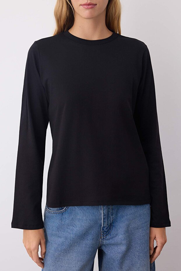 Siyah-Ekru-Kahverengi 3'lü Paket %100 Pamuk Bisiklet Yaka Uzun Kol Oversize/Geniş Kesim Örme T-shirt - 10