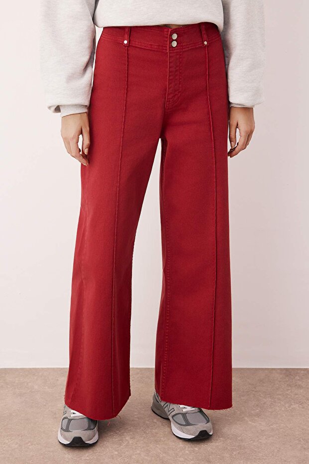 Kırmızı Yüksek Bel Nervür Detaylı Paça Kesikli Comfort/Esnek Wide Leg Jeans TWOSS25JE00310 - 3