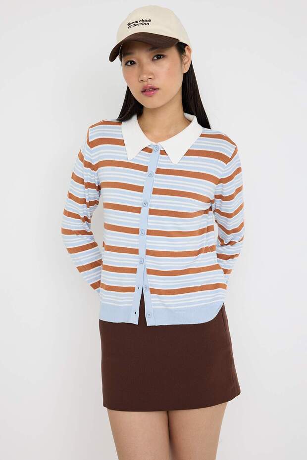 Teen Kahverengi Crop Premium/Özel İplikli Renk Bloklu Fitted/Vücudu Saran Triko Hırka TWOAW26HI00020 - 2