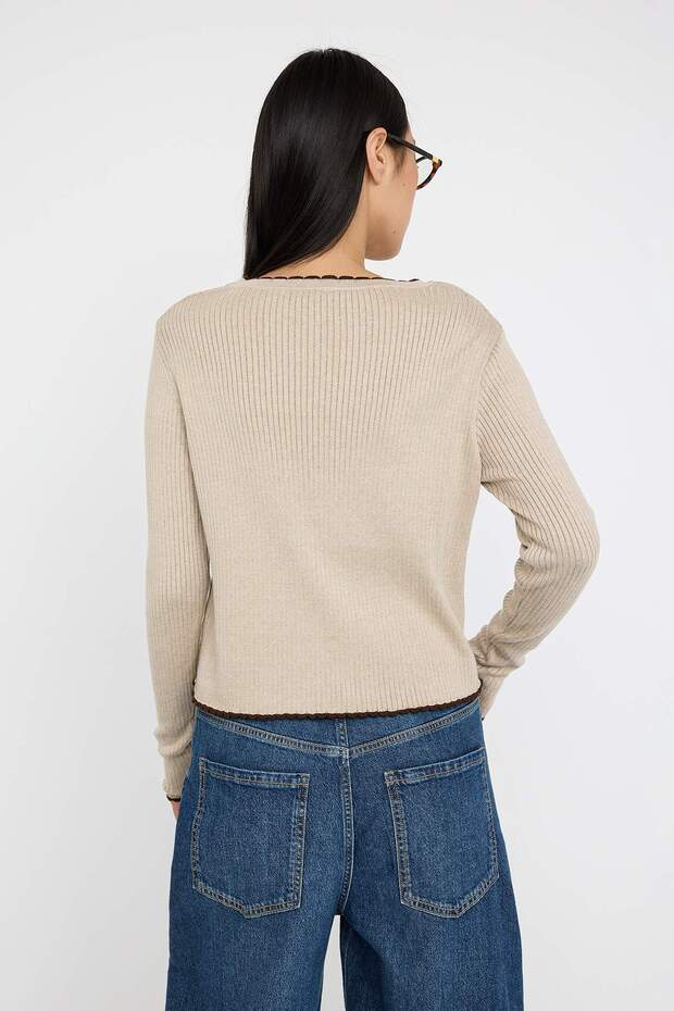 Teen Bej Premium İplik/Özel İplik V Yaka Fitted/Vücudu Saran Triko Hırka TWOAW26HI00021 - 3