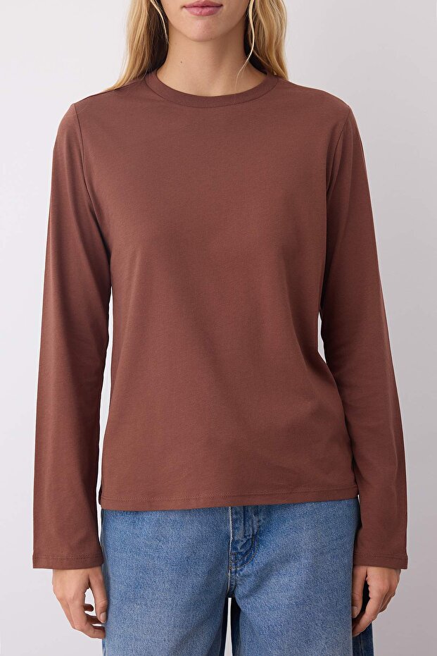 Siyah-Ekru-Kahverengi 3'lü Paket %100 Pamuk Bisiklet Yaka Uzun Kol Oversize/Geniş Kesim Örme T-shirt - 6