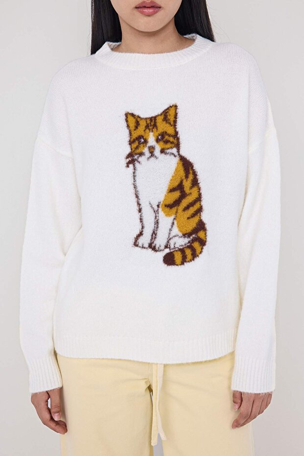 Teen Ekru*001 Kedi Nakışlı Bisiklet Yaka Triko Kazak TWOAW26KZ00230 - 3