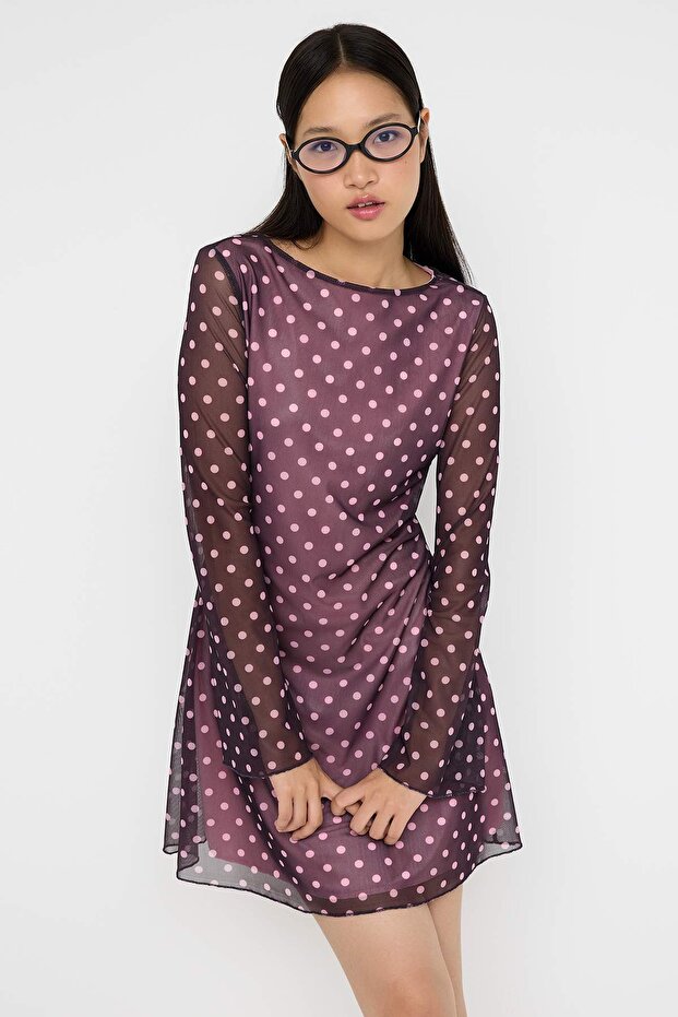 Mürdüm Puantiye Baskılı Tül Bodycon Kısa / Mini Astarlı Esnek Örme Elbise TWOAW26EL00138 - 1