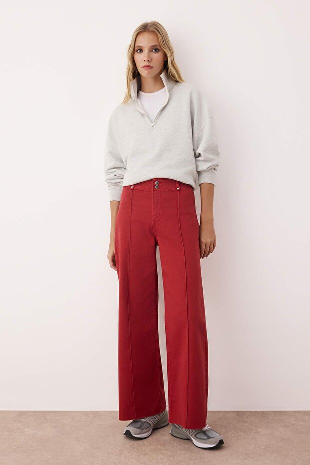 Kırmızı Yüksek Bel Nervür Detaylı Paça Kesikli Comfort/Esnek Wide Leg Jeans TWOSS25JE00310 - 1
