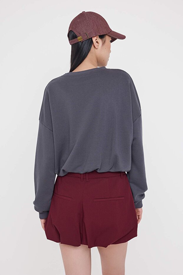 Antrasit Relaxed/Rahat Kalıp Beli Lastikli Crop Örme Sweatshirt TWOAW26SW00000 - 4