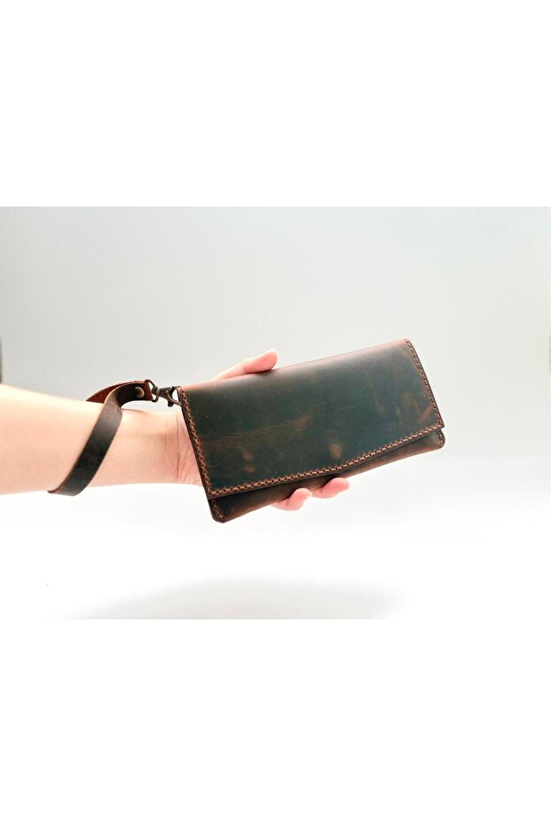 Genuine Leather Women's Wallet with Wrist Strap 7 Card Holders 20X10 cm - Handcrafted