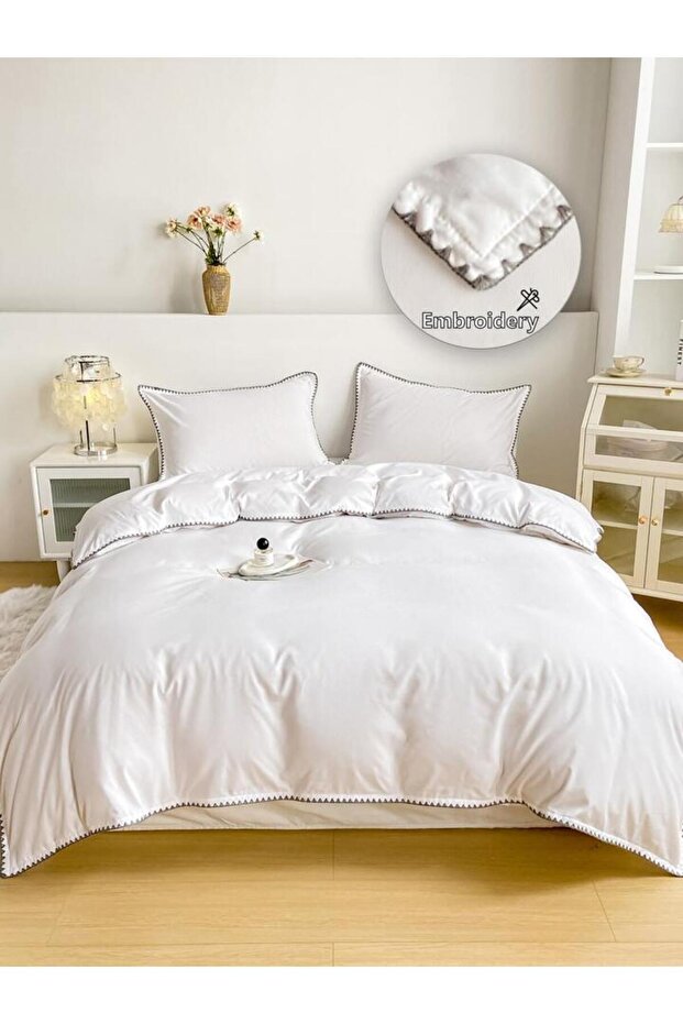 100% Cotton Double Bedding Set Ecru Oyster Stitching - 3