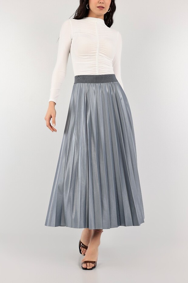Women's Gray Color Pleated Skirt with Elastic Waist