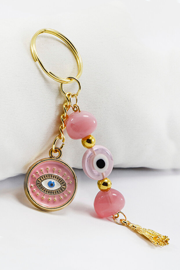 Candy Pink Flat Evil Eye Beaded Keychain with Eye Figure, Gift Keychain