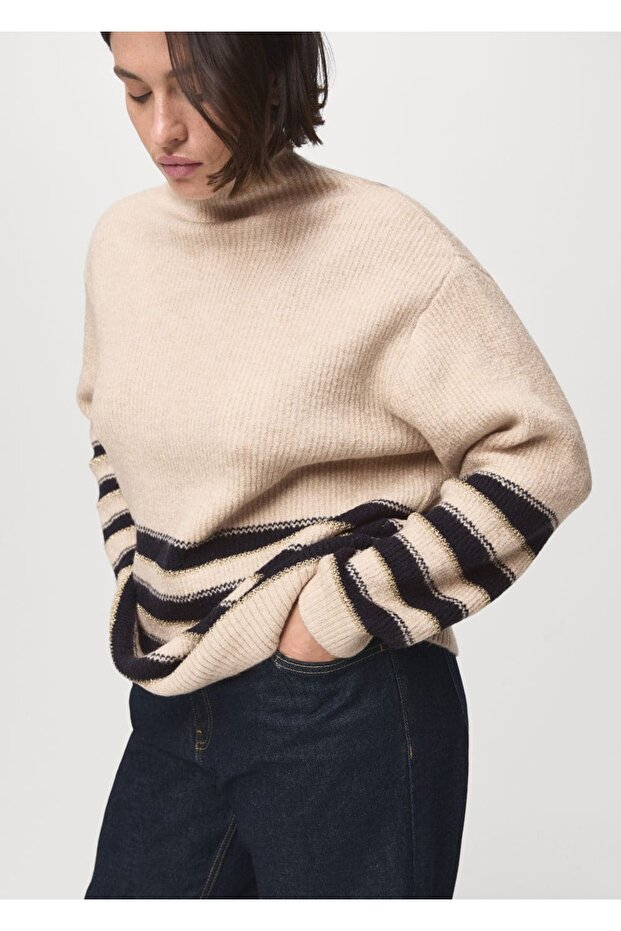 Çizgili Perkins Yaka Kazak - 5