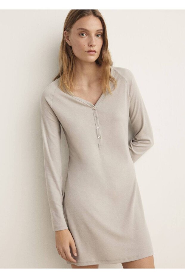 Düğmeli ribana kumaş gecelik - 1