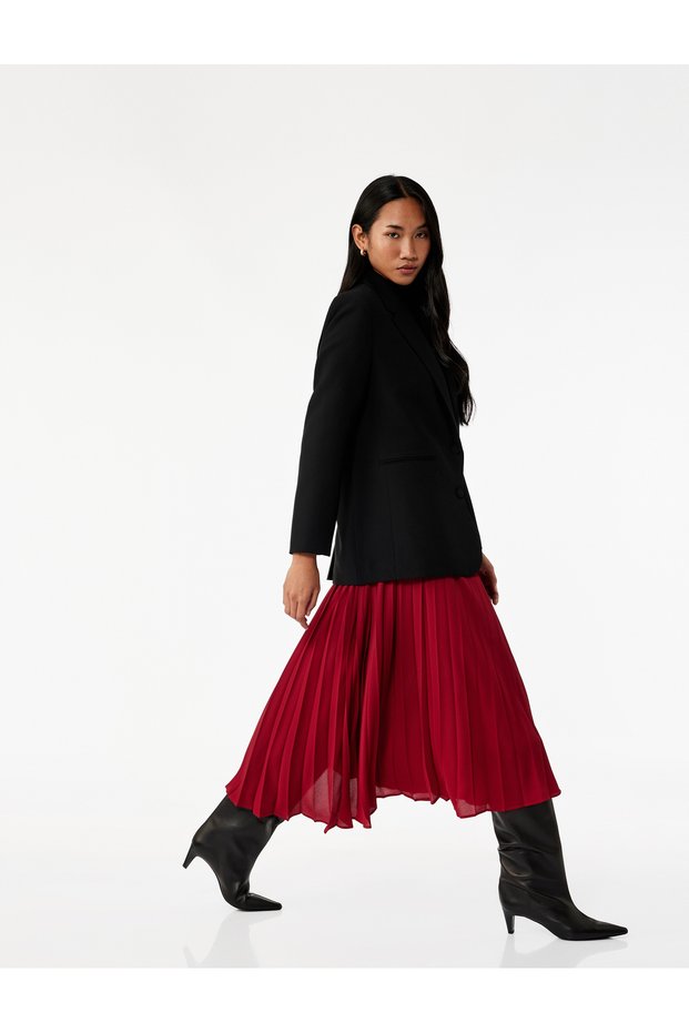Midi Length Pleated Skirt with Elastic Waist