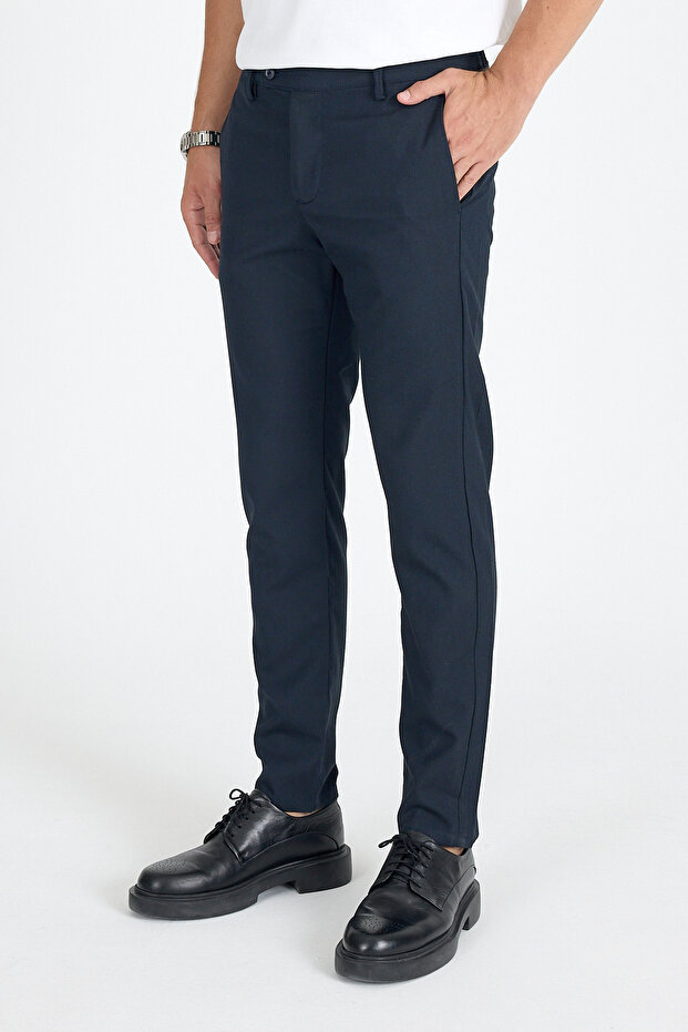 Men's Dark Navy Blue Quality Flexible Lycra Ankle Length Relaxed Cut Slim Fit Fabric Trousers