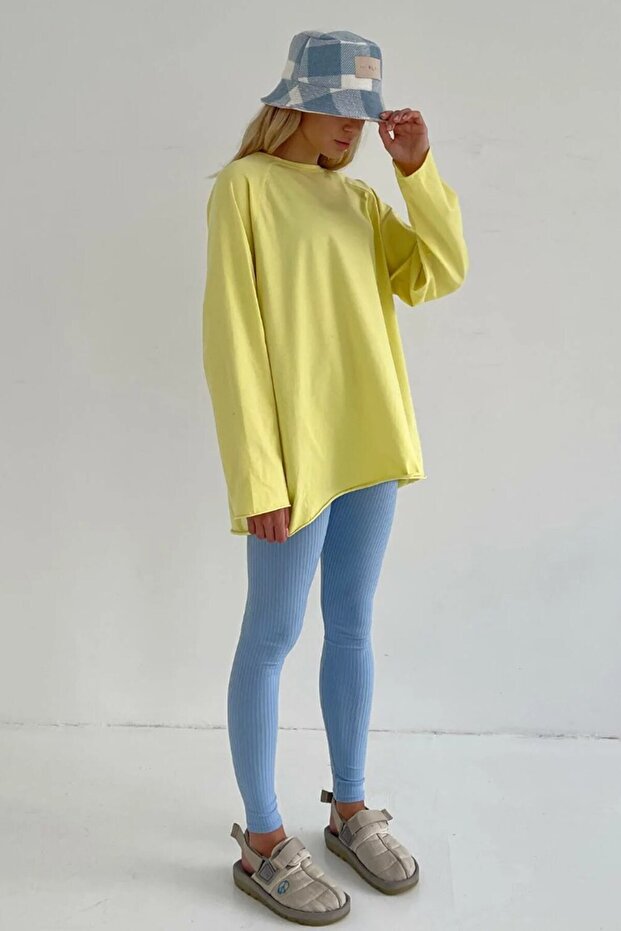 Sarı Basic Bisiklet Yaka Kadın Sweatshirt Mg1676 - 4