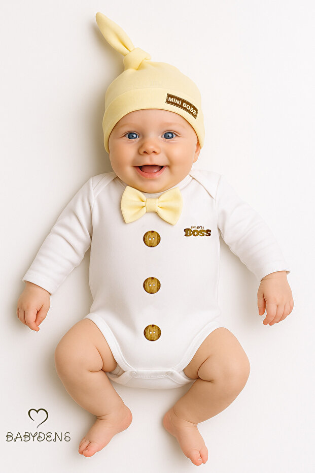 Little Boss Baby Boy Long Sleeve Snap Body and Beanie Set Button Printed with Bow Tie 100% Cotton