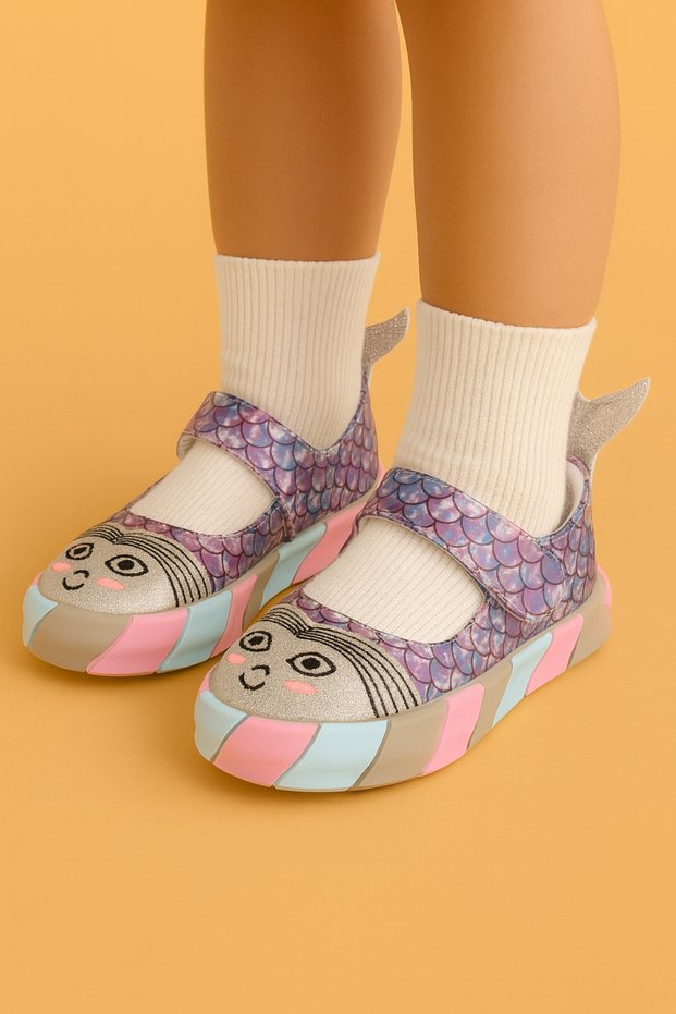 Unicorn Patterned Fish Figured Girls' Shoes | Purple Colored Ballerinas | 26-30 Flat Heel Special Ballerinas