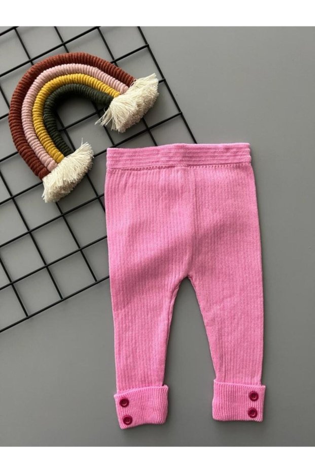 Lilac Color High Waist Button Detailed Unisex Knitwear Ribbed Stretchy Tights - Ages 3 Months to 6 Years