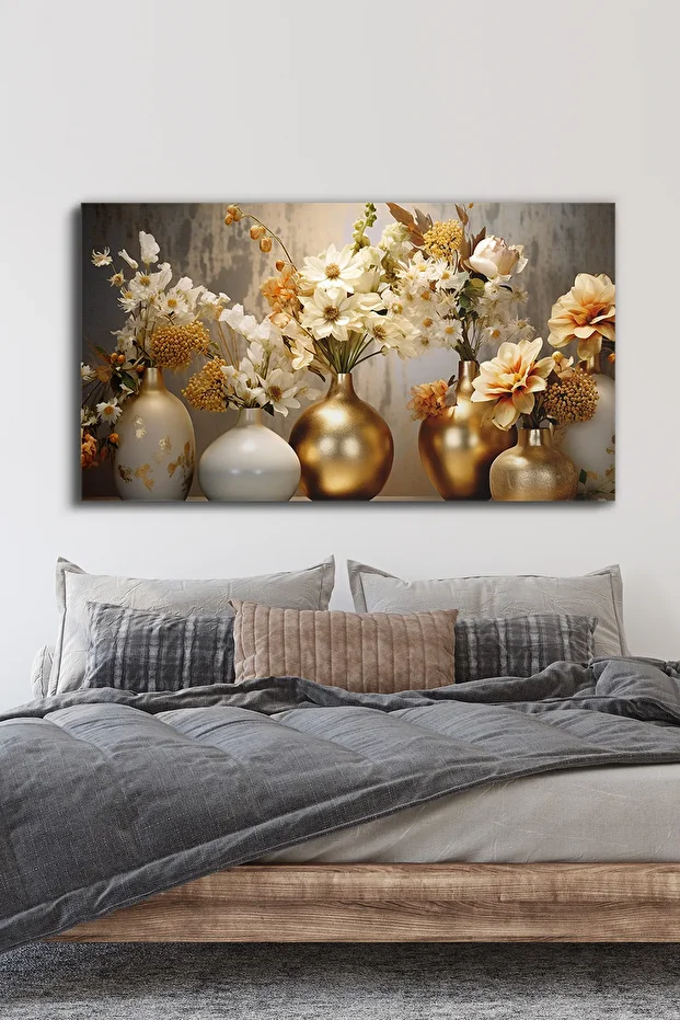 Gold Vazoda Çiçekler Tek Parça Kanvas - Canvas Tablo - 4