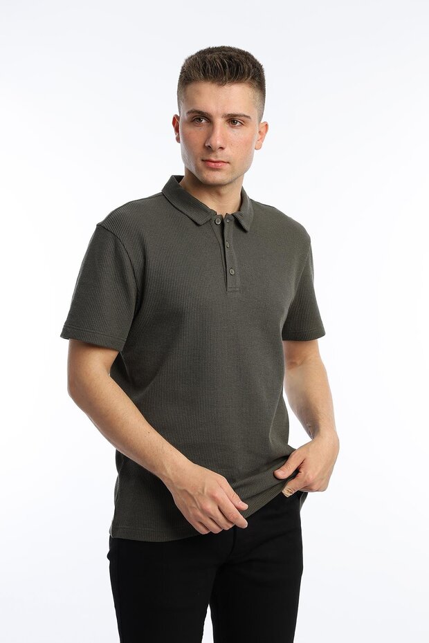 Khaki Men's Polo Collar Waffle Fabric T-Shirt