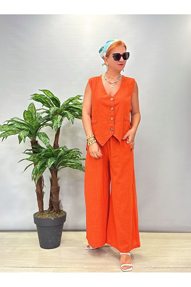 Women's Linen Cotton Buttoned Vest and Pants Suit