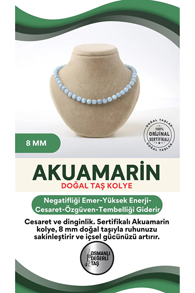 Certified Aquamarine Natural Stone Necklace 8 Mm, M502