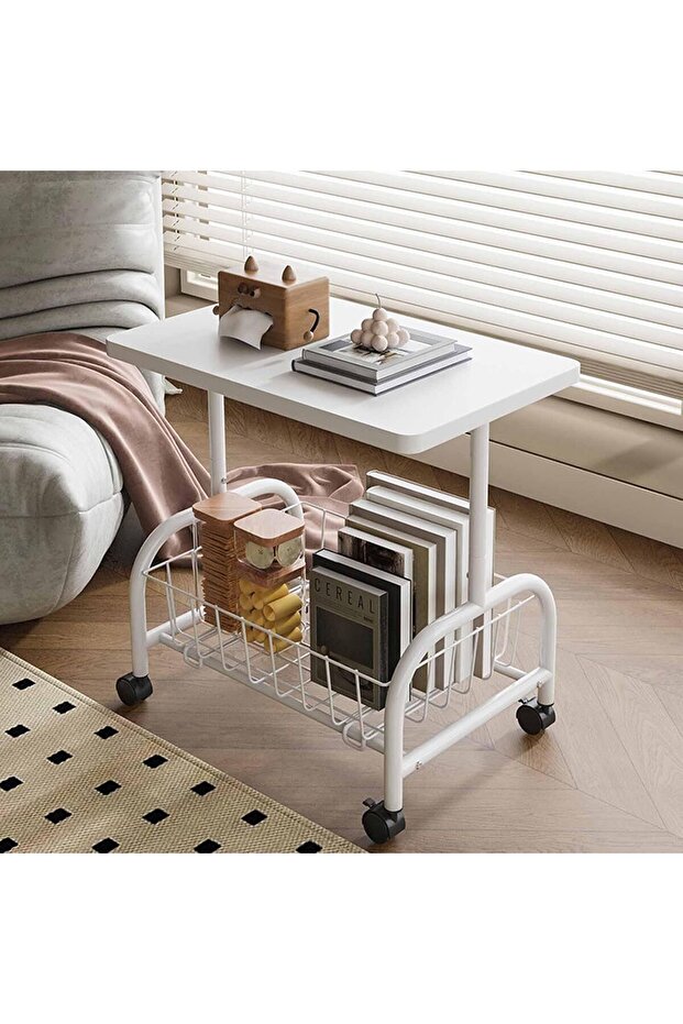 2-Tier Side Table with Wheels, End Table with Removable Storage Basket, Modern Bedside Table for Sma - 2