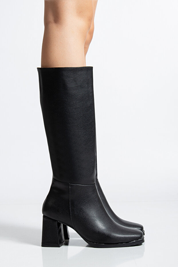 Women's Black Zippered Knee Blunt Toe Bottom Heeled Boots