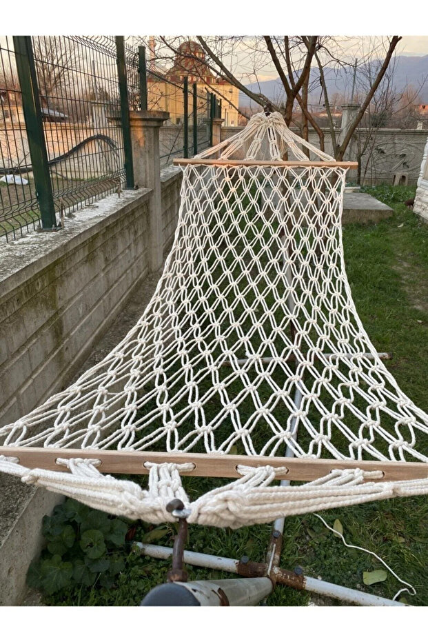 Pamuk Hamak Salıncak Tek Kişilik Makrome Örgü Pamuk Hamak 1.kalite 95x220 Cm 5 Metre İp Hediye - 1