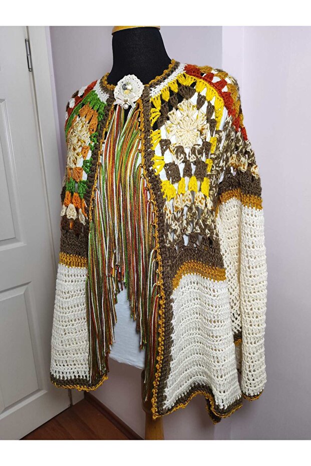 El Örgüsü Retro Beşgen Motifli Boho Çok Renkli Hırka - 6