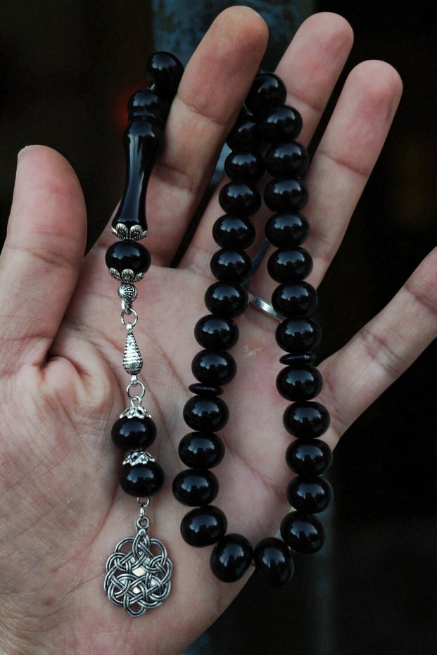 Oval Cut Powder Amber Prayer Beads Black Rosary