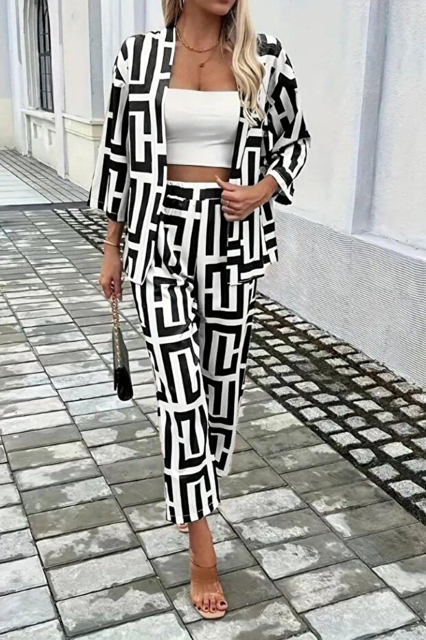 طقم مكون من بنطلون وسترة بنمط هندسي - أسود - 2